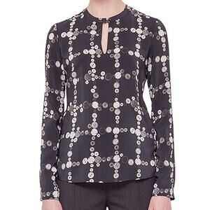 Akris Punto 100% Silk black button Long Sleeve Printed Blouse Size 10‎ medium